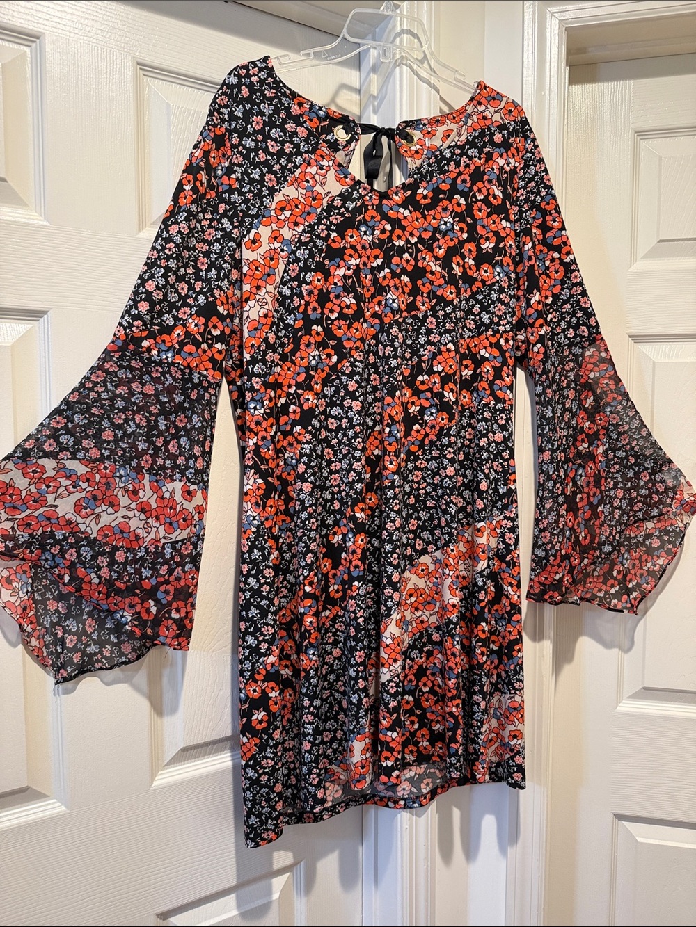 Black Floral Bell-Sleeve TieBack Mini Autumn Boho Gypsy Dark Romance Dress XL - Picture 2 of 10